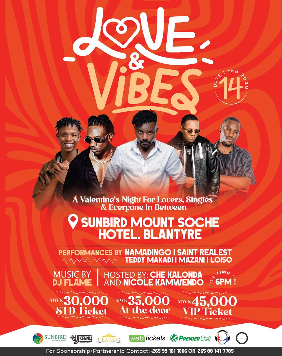 Get your tickets for the Love ❤️ and Vibes😎 event at Sunbird Mount Soche.

Enjoy dinner 🍽 at Picasso Restaurant or Vincent's Platinum Restaurant before an exciting night of live music 🎷🎷 entertainment. 

Contact 📞 0884965147 for your dinner reservations.