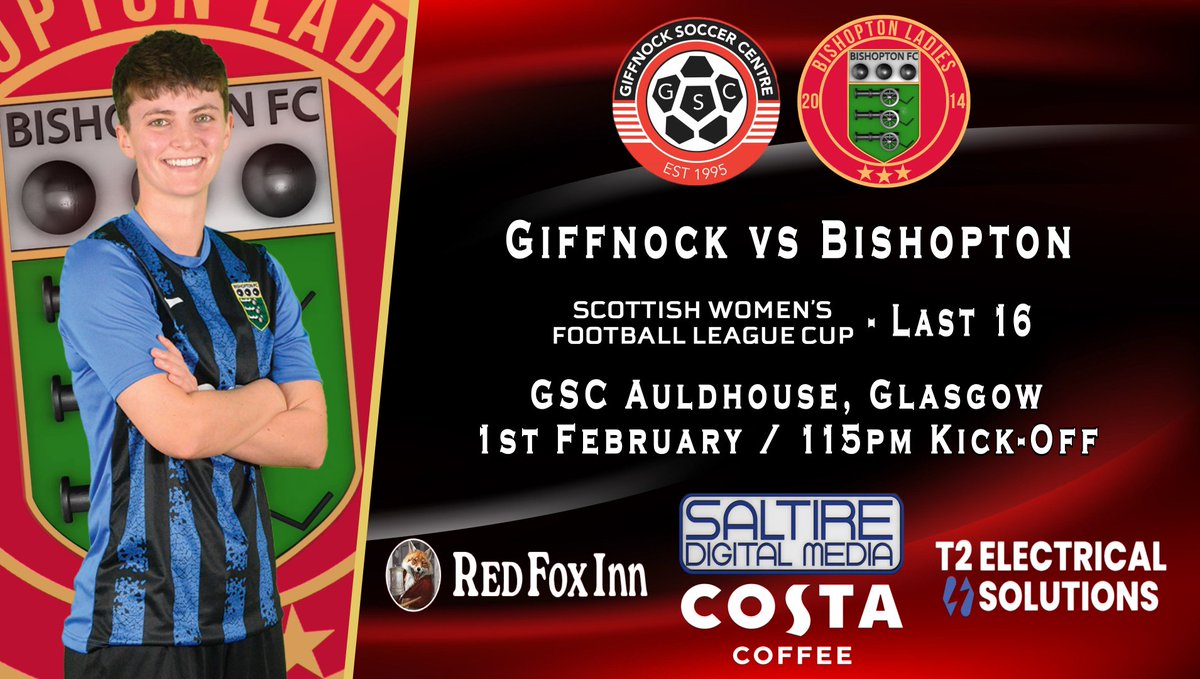 BishoptonFcl's tweet photo. This Sunday, The Ladies return to the SWFL Cup - Last 16.
Giffnock vs Bishopton Ladies @ GSC Auldhouse, with a 1.15pm KO.
#monthebishy #costacoffee #redfoxinn #t2electricalsolutions #saltiredigitalmedia https://t.co/cCRJdLXHAY