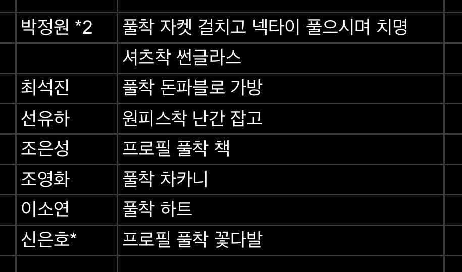 타오르는 어둠 속에서 폴라 교환

저: 박정원 까를로스 *2
최석진 이그나시오
선유하 후아나
조은성 미겔린 프로필
조영화 엘리사
이소연 에스페란사
*신은호 알베르또 프로필

😇: 신은호 알베르또 존재
프로필 다른착* 끼리 교환, 반대로 가능

다자용-박정원 귀여운 사진

맘꾹 후 디엠 보내주세요