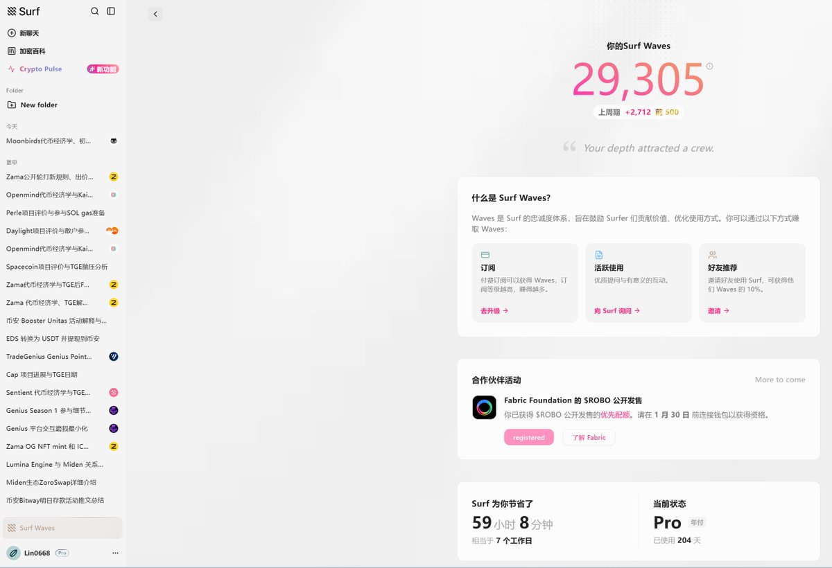 Surf AI 出了个新板块Surf Waves，可以看到自己的积分。

分数主要有以下几个因素影响：

▪️付费订阅
▪️活跃使用，常提问
▪️邀请好友

还有个合作伙伴的福利加成，后目前是OpenMind的，后续应该会和更多的项目合作。

对于咱们长期泡在web3的兄弟们来说，Surf