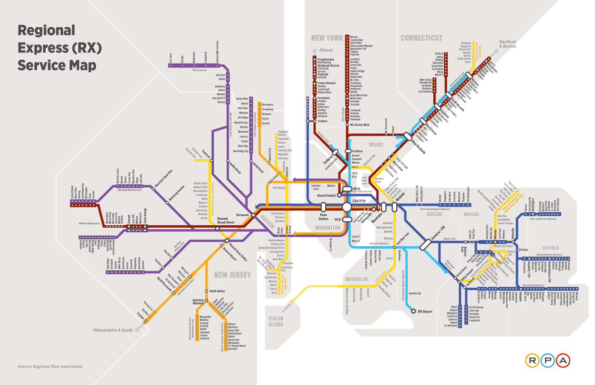 ShabazzStuart's tweet photo. Happy to die on this hill: One of the single greatest affordable housing actions the region could take is realizing the *excellent* @RegionalPlan T-Rex concept that would create an RER like regional metro which would allow ppl to live much farther + cheaper from Manhattan. https://t.co/M2M62yiYur