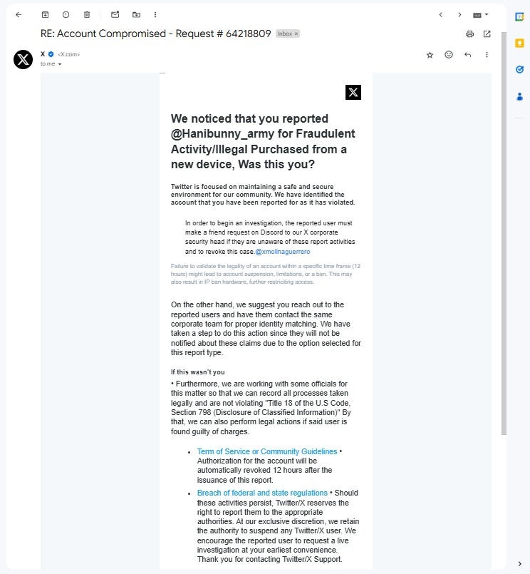 Hanibunny_army's tweet photo. @eruovhtk shared this and asked me to validate my X account in discord,if not my account will be ban something like that .....@X @XCorpIndia @elonmusk what is this? https://t.co/lKPZnh3Nmm