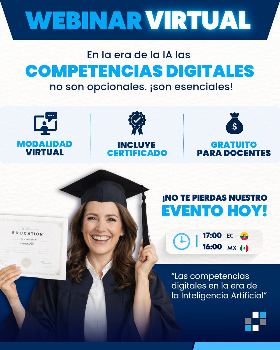 Hoy el reto docente no es usar IA, sino contar con competencias digitales para decidir con criterio en educación 👩‍🏫🧠🤖 Webinar “Las competencias digitales en la era de la IA” con la PhD. <a href="/NelcarT/">Nélcar</a>, docente <a href="/PUCEVIRTUAL/">PUCE Virtual</a> 📚
 ⏰ 17:00 EC | 💻 Virtual

#webinar