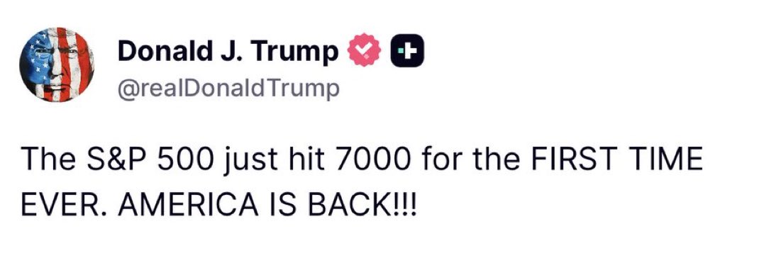 TheInsiderPaper's tweet image. BREAKING 🚨 President Trump: "The S&amp;amp;P 500 just hit 7000 for the first time ever. America is back"