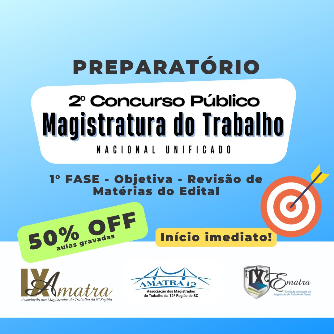 ematra9's tweet image. 🌐 Saiba mais em: ematra9.org.br ou  41 99182-9513

#MagistraturaDoTrabalho #ConcursoMagistratura #Preparatório #CursoOnline #AulasGravadas #InícioImediato #DireitoDoTrabalho #JuizDoTrabalho #ConcursoPúblico