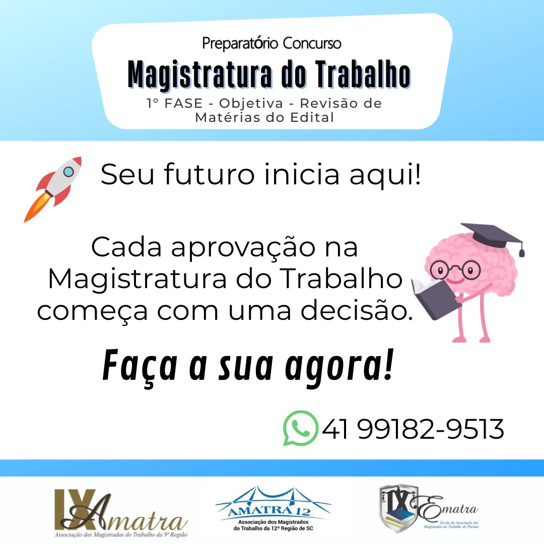 ematra9's tweet image. 🌐 Saiba mais em: ematra9.org.br ou  41 99182-9513

#MagistraturaDoTrabalho #ConcursoMagistratura #Preparatório #CursoOnline #AulasGravadas #InícioImediato #DireitoDoTrabalho #JuizDoTrabalho #ConcursoPúblico