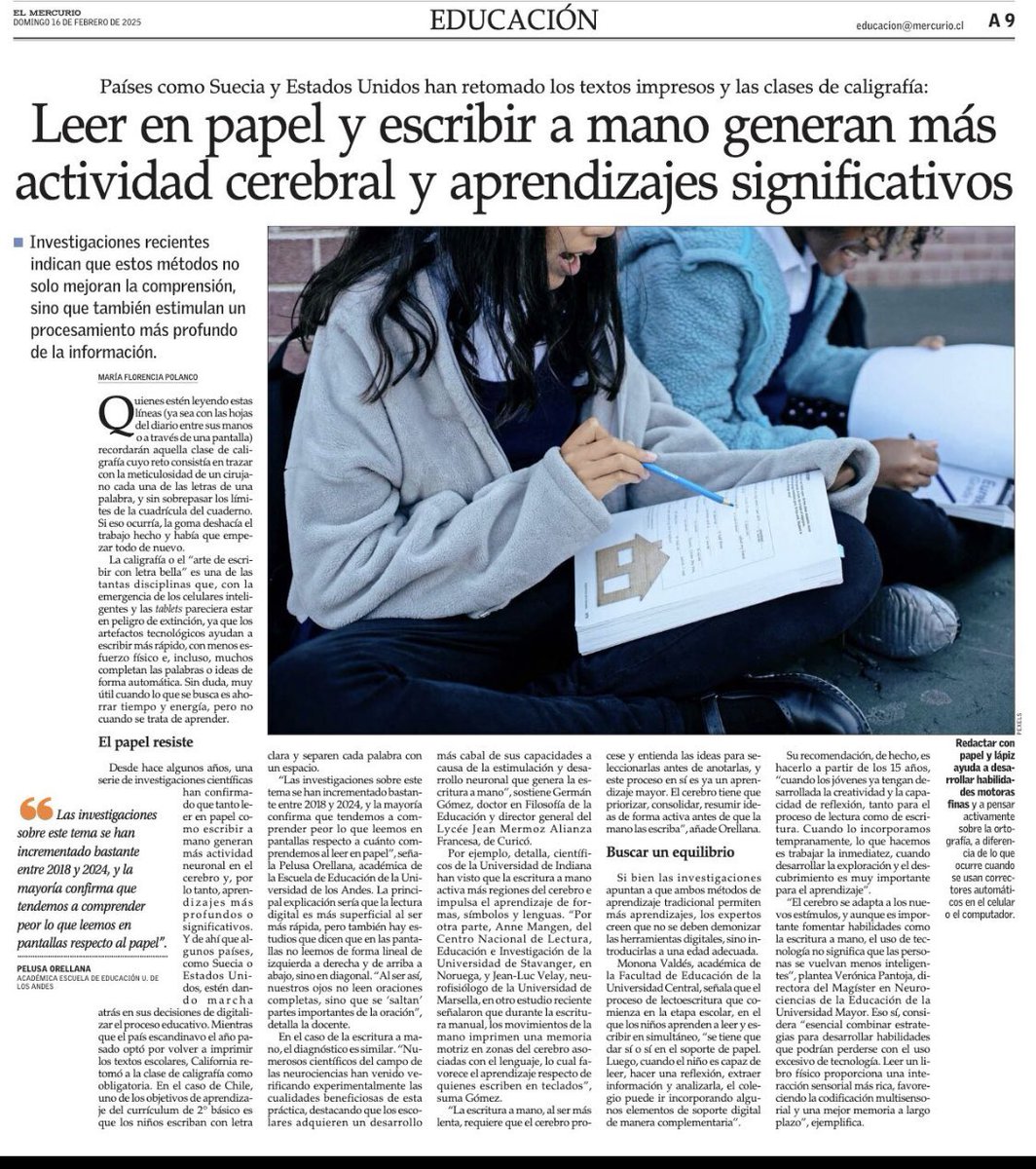 sanz_ismael's tweet image. 📖✍️ Escribir a mano y leer en papel activa más el cerebro y mejora el aprendizaje.
📚 Países como Suecia y EE.UU. están retomando los textos impresos y la caligrafía. ¿Por qué? Investigaciones recientes confirman que el papel favorece la comprensión y el pensamiento crítico.…