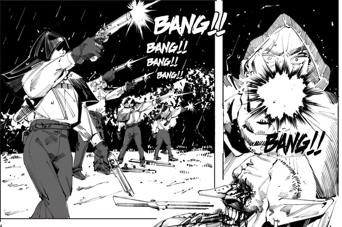 I watch some videos on how flintlock pistols actually work, so I try to depict it correctly this time.
Honestly, depicting the delay in the manga is quite cool honestly. 