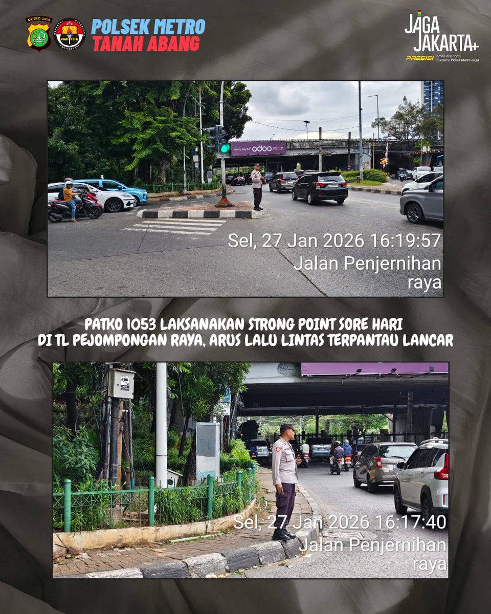 Personel Patko 1053 melaksanakan kegiatan pengaturan lalu lintas dan strong point (police hazard) di Traffic Light (TL) Pos Pol Pejompongan Raya, Kelurahan Bendungan Hilir, Kecamatan Tanah Abang, Jakarta Pusat, pada Selasa, 27 Januari 2026, mulai pukul 16.30 WIB hingga selesai.