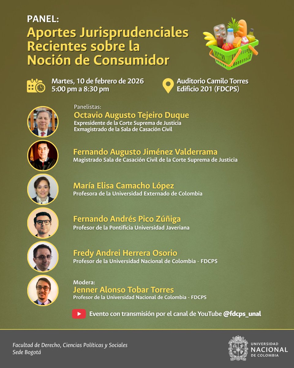 La FDCPS invita al Panel “Aportes Jurisprudenciales Recientes sobre la Noción de Consumidor”. Reconocidos juristas analizarán retos y perspectivas del tema. 📅 10 de febrero | ⏰ 5:00 p. m. ▶️ YouTube <a href="/fdcps_unal/">Facultad de Derecho, Ciencias Políticas y Sociales</a> 📍 Auditorio Camilo Torres

<a href="/eunbogota/">Programa de Egresados UN Sede Bogotá</a> <a href="/BogotaUNAL/">Sede Bogotá - Universidad Nacional de Colombia</a>