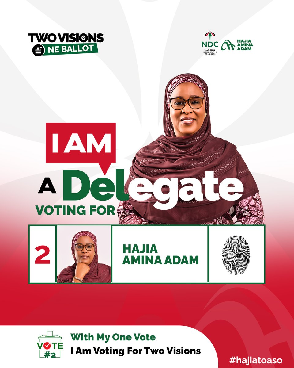 Proud delegate. Clear choice. Vote for Hajia Amina Adam. With one vote, we secure two visions for our future. Let's do this! 
#2 on the ballot.
#hajiatoaso #NDC #VoteNumber2 #HajiaAminaAdam #Ghana #Politics #TwoVisionsOneBallot #Delegate #Leadership