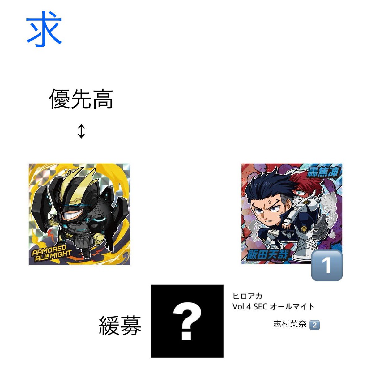 makoto_chosui's tweet photo. ヒロアカ にふぉるめーしょん ウエハース　シール
【交換】

譲→1〜3枚目 (2〜3枚目は過去弾)

求→4枚目 (上から優先的に探しています。)

郵送交換
レア違いの比率調整◎
初めましての方はプロカのご確認お願いします。 https://t.co/PGM2Acp4Rb
