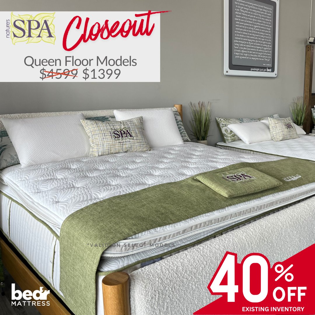BedrMattress's tweet image. 📣 CLOSEOUT on Nature's Spa! 40% OFF existing inventory! Queen Floor Models just $1399! LIMITED STOCK

#closeout #shoplocal #limitedtime #sleepbedr