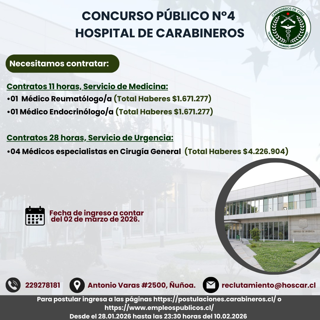 !!ATENCIÓN, HAY PEGA!!

CONCURSO PÚBLICO N° 04

Estamos buscando Profesionales y Técnicos Profesionales para el Hospital de Carabineros.

Para mayor información, ingresa a postulaciones.carabineros.cl o empleospublicos.cl

¡NO PIERDAS LA OPORTUNIDAD Y ÚNETE A NUESTRO EQUIPO!