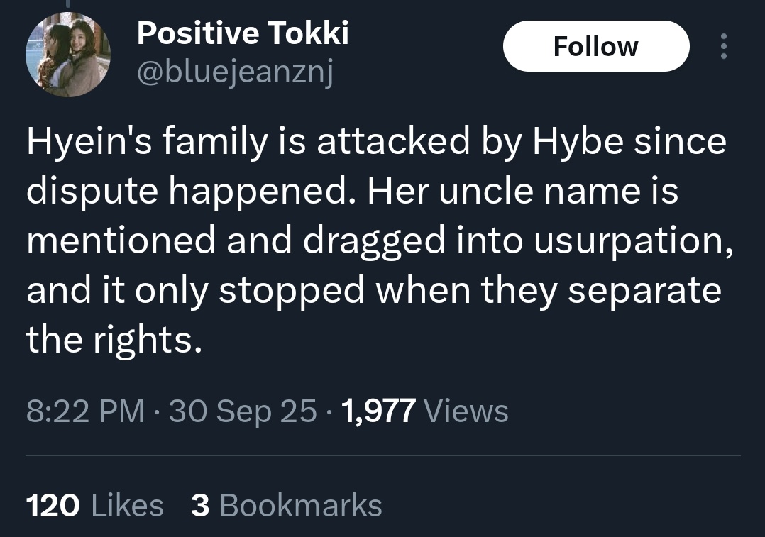 Hybe: nj family member is helping mhj with tampering
Tokkis: hybe mediaplay. hybe is attacking hyein and her family.

Mhj: nj family members set me up for tampering
Tokkis: fuck hyein's uncle and father, this is all their fault 💀