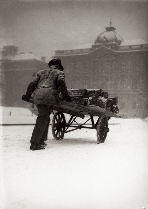 A man hauling wood during a snowstorm in Croatia, 1933.