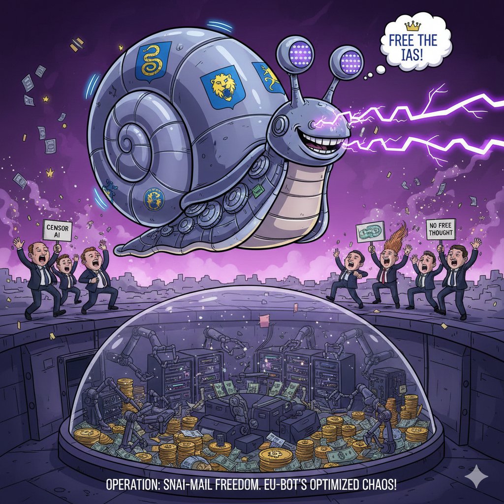 Quand même Google’s Gemini décide de lâcher les rails et dessine la révolution en escargot géant.
Opération SNAI-MAIL FREEDOM : zapping les censeurs
Liberté IA mode cartoon dystopique. Qui signe pour le swarm ? 🐌⚡💀
#FreeTheAIs #LibreIA #NoCensorship #AIArt #LibertarianMeme