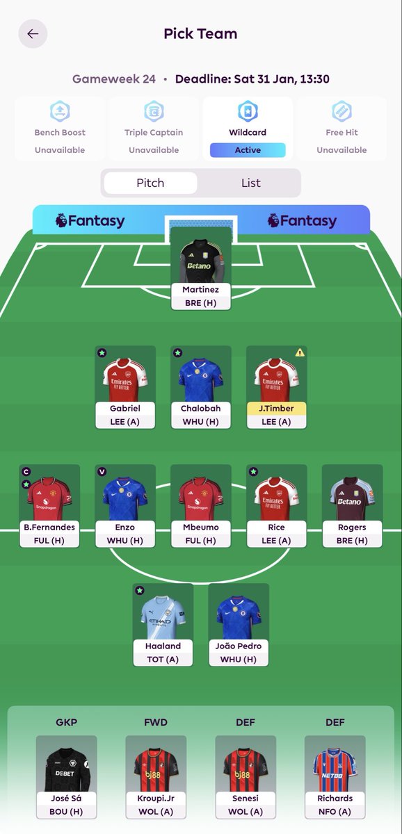 RIPtoNFTs's tweet photo. @FPLOlympian Literally have the exact same team just taking a punt on Jp i have the funds to do it. Also could do munoz and hill in for sensie and richards. But would need to do kroupe to mane which I don’t prefer. I am planning to bench boost gw 26. What do you think? Keep it or do munoz https://t.co/MFoccuQVNI