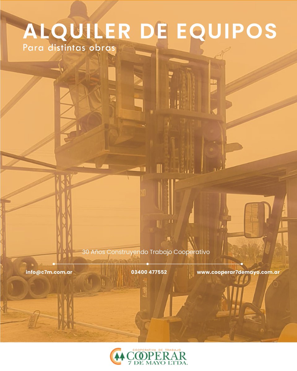 Contamos con un amplio parque de máquinas para el desarrollo de distintas obras. Cargadoras frontales, camiones, tractores y carretones y autoelevadores para propósitos generales.

Para más información, pueden escribirnos a info@c7m.com.ar

#cooperar7demayo #trabajocooperativo