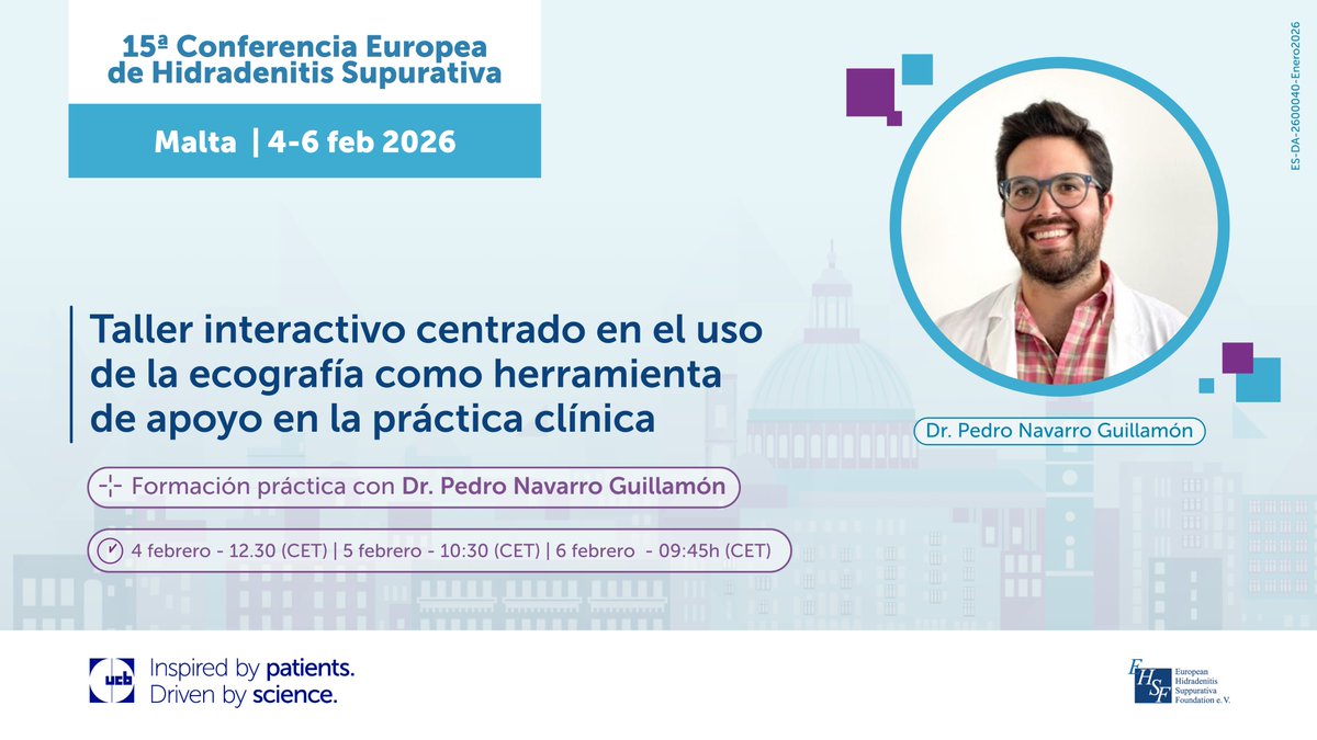 ucb_iberia's tweet photo. ☝️ Aprender, compartir y evolucionar juntos en #Dermatología.
🙌 Te invitamos a los talleres interactivos del Dr. Pedro Navarro Guillamón en #EHSF2026, del 4 al 6 de febrero.

¡Te esperamos!

#EHSF2026 #HidradenitisSupurativa #Dermatología #FormaciónMédica https://t.co/QK8YmnBjMd