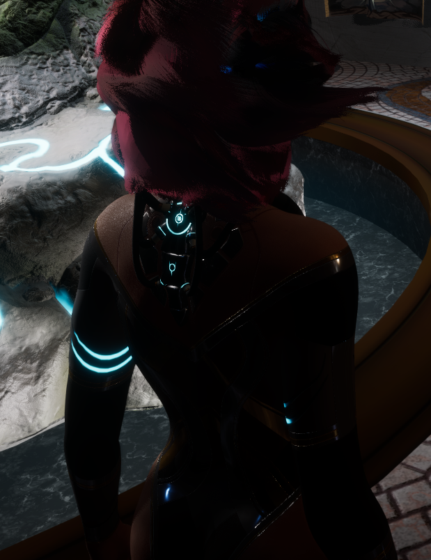 Just here to show off how the mechanical, cyberpunk-y parts of our character glow in the dark. Who doesn't like a glowy back?

#indiegame #immersivesim #horrorgame #scifi #indiedev #gamedev