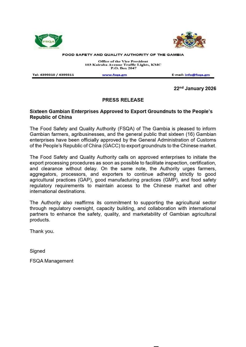 Announcement 
16 Gambian enterprises approved to export groundnuts to the Chinese market