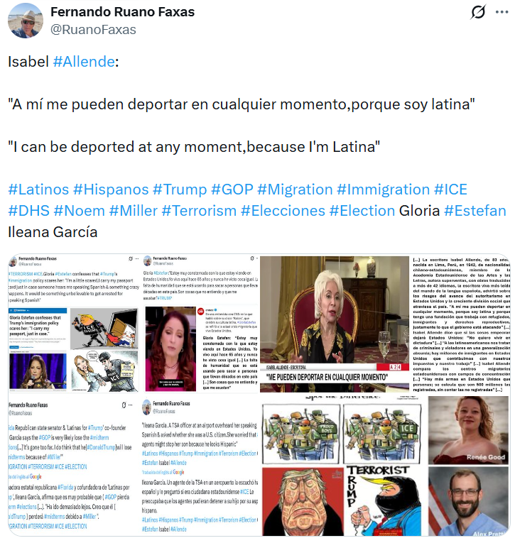 RuanoFaxas's tweet photo. @MaElviraSalazar María Elvira #Salazar:"Hispanics are leaving the GOP in large numbers"
Gloria #Estefan:"I'm a little scared"
Isabel #Allende:"I can be deported at any moment,because I'm Latina"
"Ileana Garcia.She worried that #ICE agents might stop her son because he looks Hispanic"
#MAGA #TRUMP https://t.co/HPdsmyPqdc