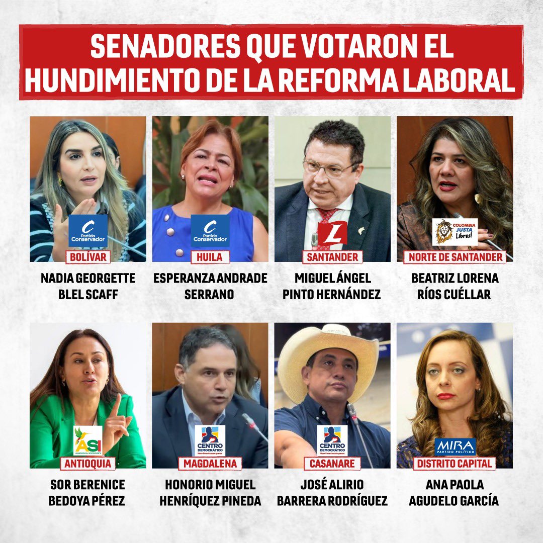 Estudiantes de medicina: no olviden estos rostros ni estos partidos cuando voten al Congreso. Estos senadores de la Comisión Séptima votaron en contra de la reforma laboral y de paso por el salario mínimo de los médicos internos.