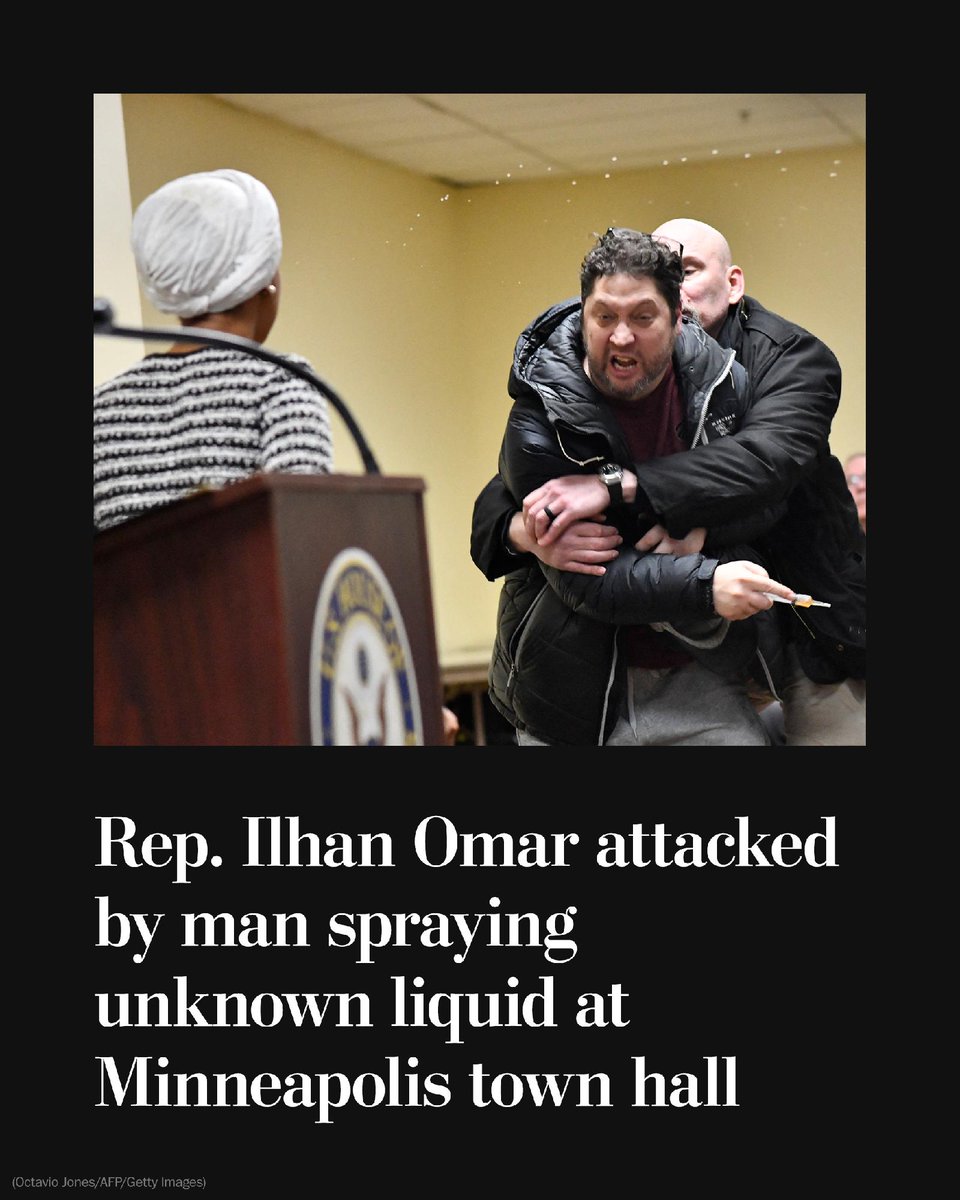 washingtonpost's tweet image. A man attacked Rep. Ilhan Omar (D-Minnesota) while she was speaking during a town hall meeting in Minneapolis, according to local police. The man used a syringe to spray an unknown liquid at Omar.

The man was immediately arrested and booked on suspicion of third-degree assault.…