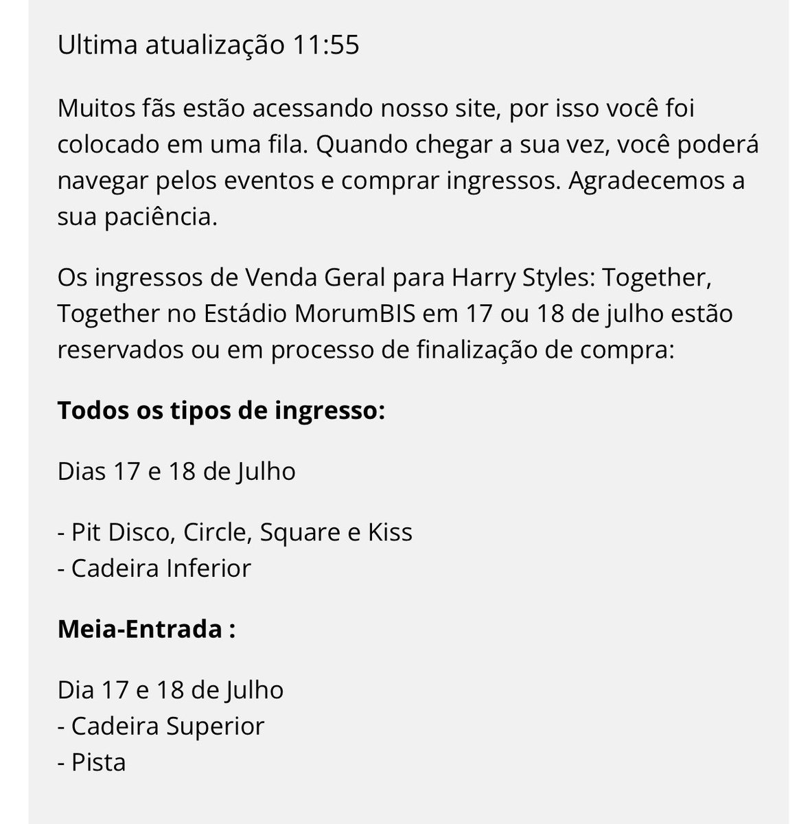 harrysbrasil's tweet photo. Os ingressos estão reservados ou em processo de finalização de compra: 

Todos os tipos de ingresso:

Dias 17 e 18 de Julho
- Pit Disco, Circle, Square e Kiss  - Cadeira Inferior

Meia-Entrada :
Dia 17 e 18 de Julho - Cadeira Superior - Pista https://t.co/T9Dslvi9wt