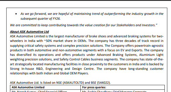 gaze_observer's tweet photo. ASK Automotive Ltd Q3 FY26:-
#Q3Results #Q3FY26 #Stockmarket #Nifty #ASKAuto
→ Revenue ₹1,089 cr (+18.5% YoY)
✓ Revenue growth +28.0% excluding Wheel Assembly (strategic reduction -51.5%)
→ EBITDA ₹146 cr (+26.8% YoY)
→ EBITDA Margin 13.4% (vs 12.5% YoY)
→ PAT ₹80 cr (+21.3% YoY)
→ EPS ₹4.05 (+21.3% YoY)
→ Segment Performance (Q3 YoY)
✓ Advanced Braking Systems +22%
✓ Aluminium Light Weighting Precision Solutions: +36%
✓ Safety Control Cables +22%
✓ Exports ₹38 cr (vs ₹34 cr last year)
→ Strategic exit from low-margin Wheel Assembly business, improving mix and margins
→ Operating leverage & scale benefits from higher volumes
→ Capacity ramp-up at Karoli plant and new Bangalore facility
→ Continue to outperform the 2W industry vehicle production growth in both Q3 FY26 and 9M FY26
→ Hopeful of maintaining trend of outperforming the industry growth in the subsequent quarter of FY26