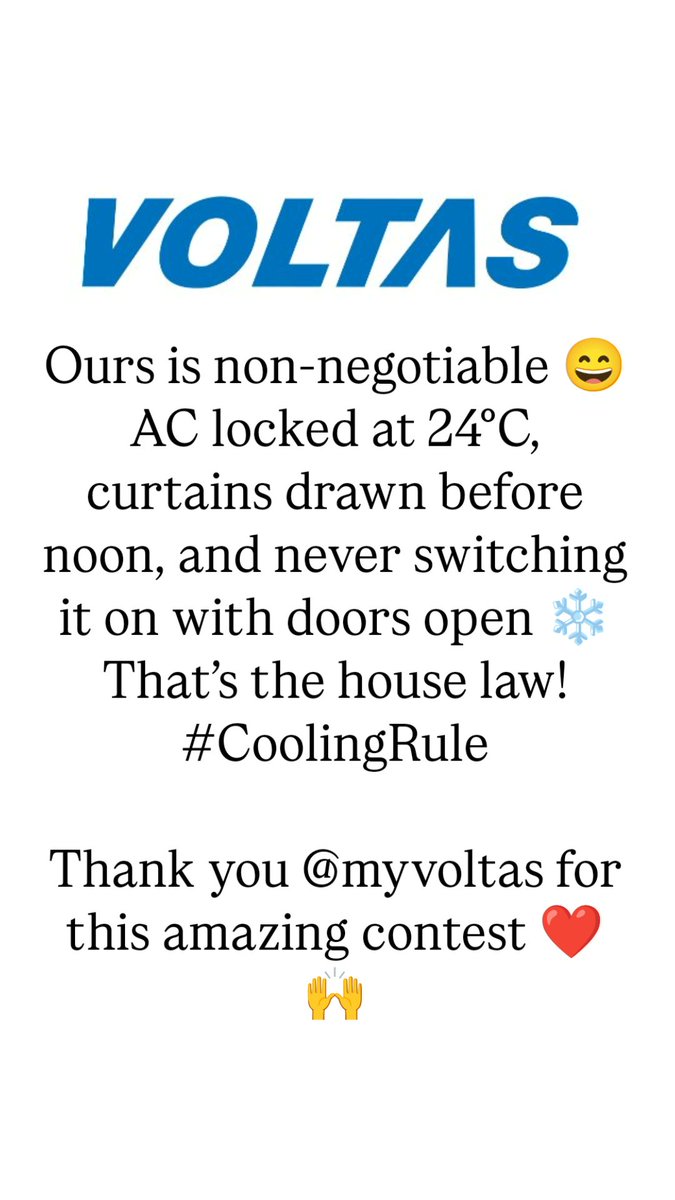 pktweets5434's tweet photo. Ours is non-negotiable 😄
AC locked at 24°C, curtains drawn before noon, and never switching it on with doors open ❄️
That’s the house law!
#CoolingRule
Thank you @myvoltas for this amazing contest ❤️ 🙌
Tag
@xDineshkarthik
@Kotesh0084
@madhav581
@ClickMahesh24
All done ✅ https://t.co/qXqnsNlc7Z