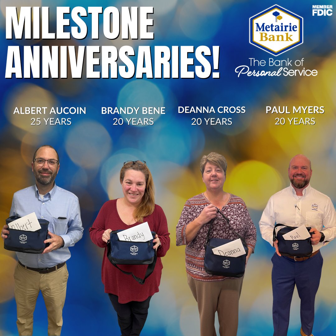 MetairieBank's tweet photo. We’re excited to celebrate the milestone anniversaries for last quarter! Thank you all for your dedication and hard work! https://t.co/5uGrvjqISS