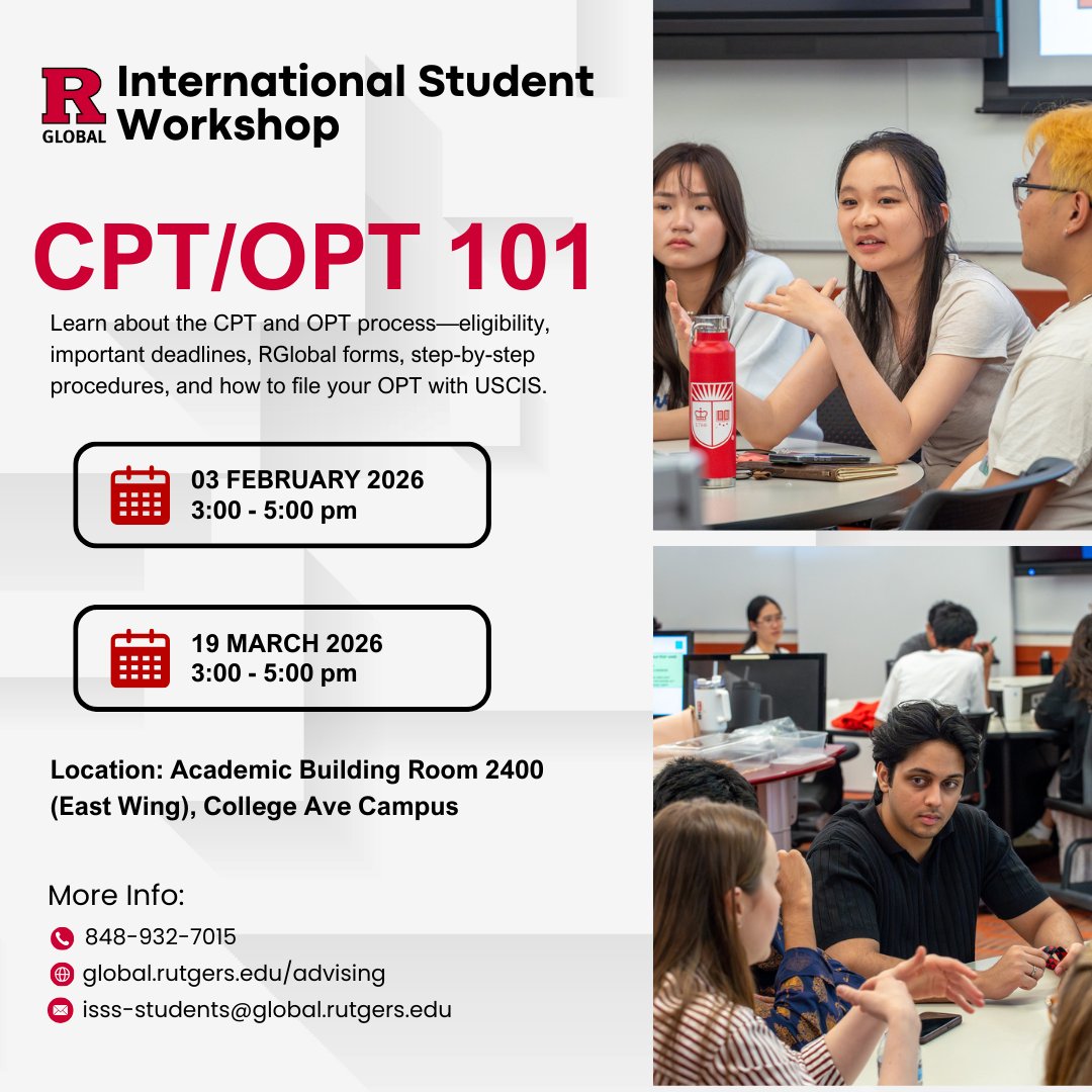 RutgersGlobal's tweet photo. Our first International Student Workshop on CPT/OPT 101 is on 2/3, 3-5 pm at the Academic Bldg 2400 (East Wing),CAC.Learn about the CPT &amp; OPT process-eligibility, impt deadlines, RGlobal forms, step-by-step procedures, &amp; how to file your OPT with USCIS. 👉 https://t.co/sMFFhGmcl2 https://t.co/0YjoIMEYdn