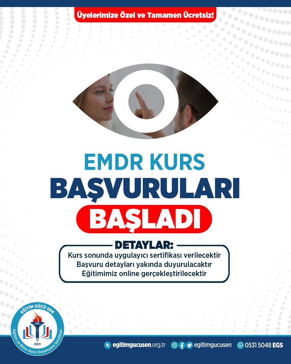 ❗️EMDR kursumuz, 9 Şubat'ta başlıyor.

Yaklaşık 60.000 TL değerindeki bu program, üyelerimize ücretsiz olarak sunulacak.

Eğitim sonunda uygulamalı eğitim sertifikası verilecektir.

🔎Başvuru yapmak için link: forms.gle/8evH53md5UxyfL…