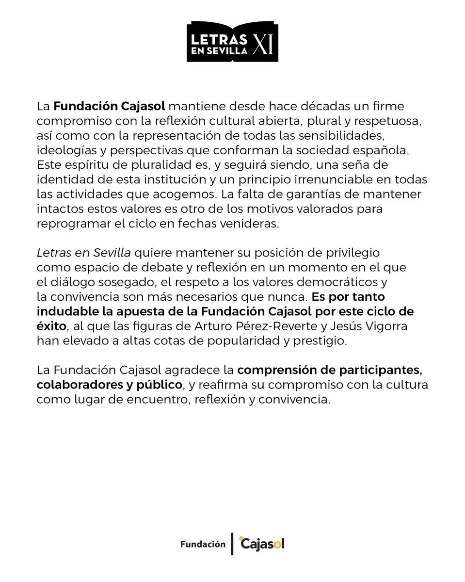 Cajasol's tweet photo. COMUNICADO: EL CICLO ‘LETRAS EN SEVILLA’ APLAZA LA CELEBRACIÓN DE SU XI EDICIÓN AL PRÓXIMO OTOÑO. https://t.co/XSLp9YF100