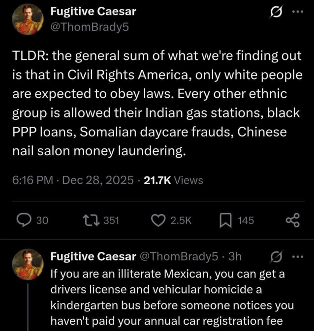 ThomBrady5's tweet image. every single foreign migrant group in America has formed an ethnic cartel involved in some kind of fraud,  scam, abuse, crime. Total Remigration, 150 million mass deportations.