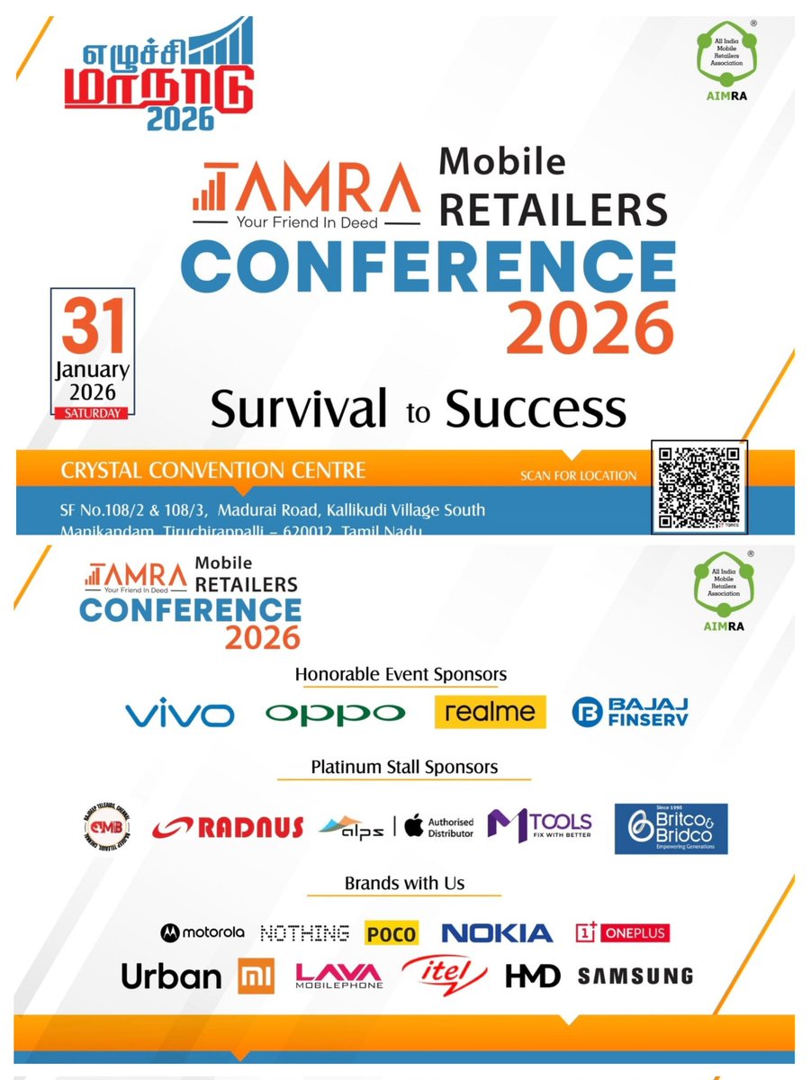 AimraIndia's tweet photo. Team AIMRA Tamil Nadu — TAMRA Mobile Conference 2026 🚀

The seamless execution and phenomenal teamwork behind the TAMRA Mobile Conference 2026 are a true testament to clear business readiness and a visionary future! 🌟 By uniting over 3,000 retailers from every corner of Tamil Nadu, this initiative is not just an event—it is a powerful movement toward fortifying the state’s trade and retail ecosystem. 🤝

A special note of appreciation to our committed brand partners. Your support adds immense depth and credibility to this platform, proving that when we work together, we grow together. 📈

> "Many hands make light work" — The collective synergy being displayed today is laying a rock-solid foundation for sustainable growth and long-term collaboration. 🏗️✨

> Wishing Team Tamil Nadu flawless execution and resounding success! May this conference set a new benchmark for the entire nation. 🏆

Jai AIMRA. Jai Vyapar. 🇮🇳

@PKhandelwal_MP
@Vivo_India @oppo @XiaomiIndia @realmeIndia @Bajaj_Finserv @IndiaPOCO @oneplus @nothing @ShriramGroup @vzyindia @motorolaindia @itel_india
@CAITIndia