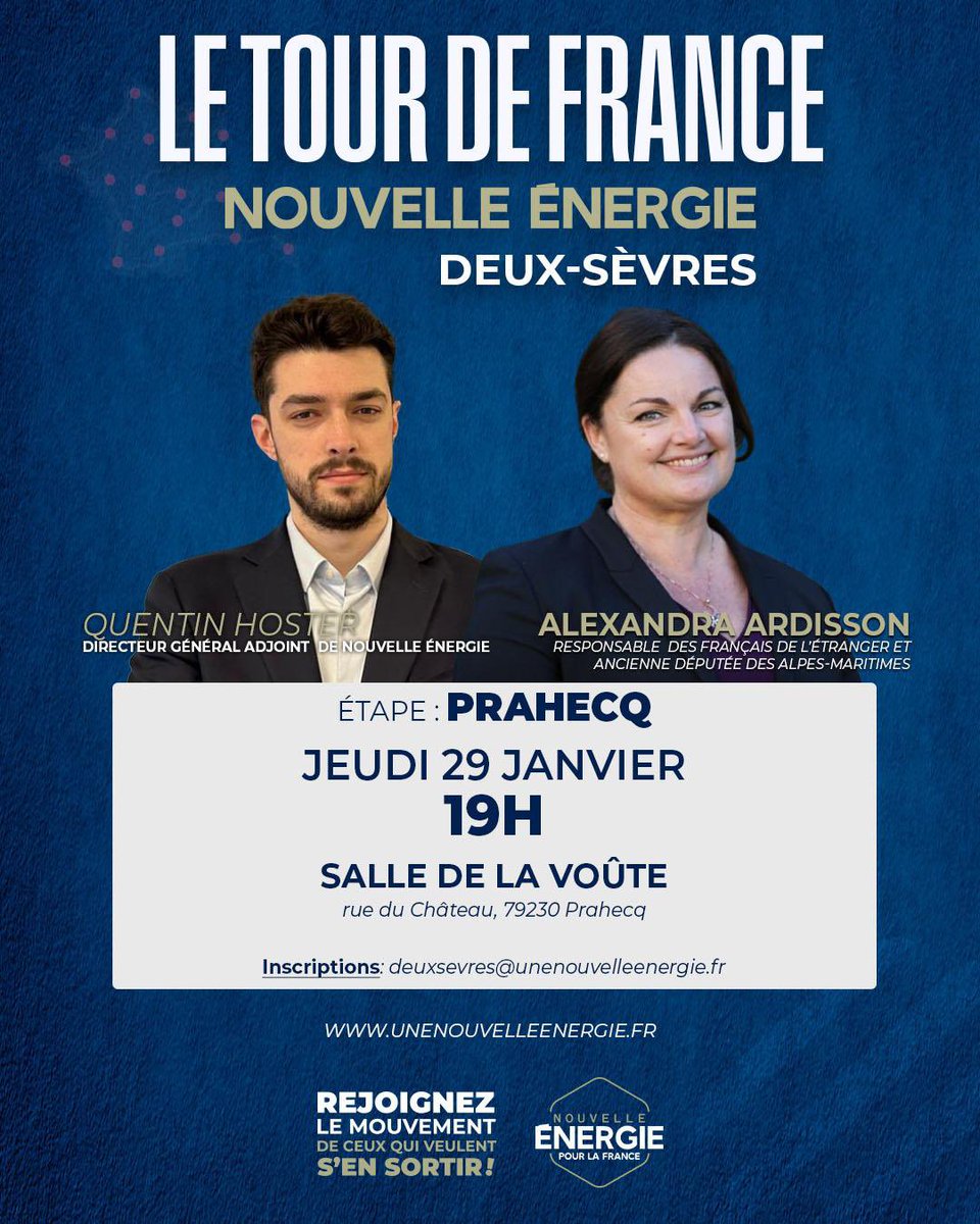 Avec <a href="/QuentinHoster/">Quentin Hoster</a> nous vous donnons rdv demain à #prahecq dans les Deux-Sèvres pour la suite du Tour de France de <a href="/Nouv_Energie/">Nouvelle Énergie</a> 💪🏻🇫🇷

#proximite #territoire 
#OnleFera #Lisnard2027 #LisnardPresident 

<a href="/davidlisnard/">David Lisnard</a>