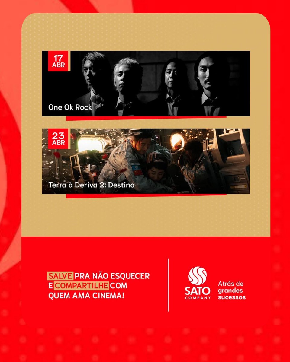🎬🎸 ONE OK ROCK NOS CINEMAS! 🎸🎬
A banda está na agenda de lançamentos da Sato Company, com estreia prevista para 17/04. Deve ser um filme-concerto ou documentário, com exibição limitada em cinemas selecionados.
Fiquem atentos 👀🔥 #oneokrockcinema #ONEOKROCK #comunidadeoorbr