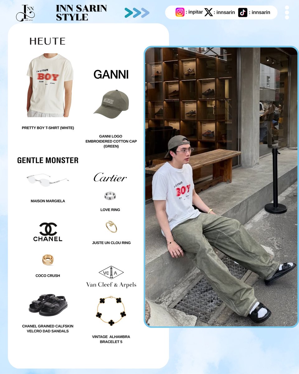 innsarinstyle's tweet photo. INN STYLE : @innsarin
👕 : HEUTE
🧢 : GANNI
🕶 : @_GentleMonster_
💍💍 : @Cartier
📿 : @vancleefarpels
💍👟 : @CHANEL
#innsarin #อินสาริน
#InnSarinStyle https://t.co/2k4eoBl5tU