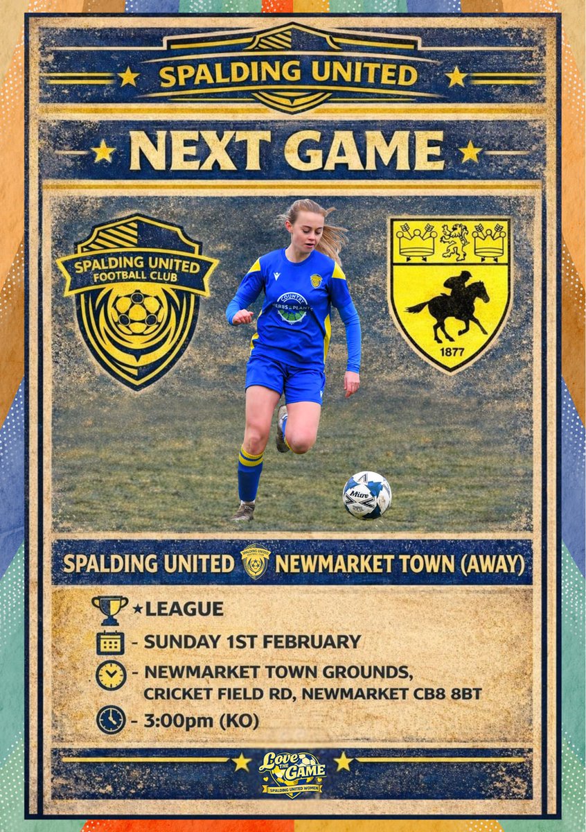 🟡🔵 NEXT GAME 🔵🟡

We’re back on the road this Sunday as Spalding United Women head to Newmarket 💪

🆚 Newmarket Town (Away)
🏆 League
🗓 Sunday 1st February
🕒 3:00pm KO
📍 Newmarket Town Grounds

#SpaldingUnitedWomen #WomensFootball #upthetulips #spaldingunited