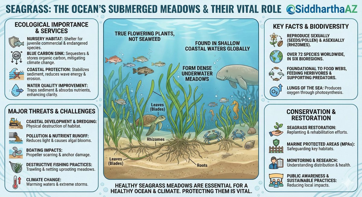 <a href="/Rainmaker1973/">Massimo</a> Seagrasses are unique marine flowering plants that form vast, vibrant underwater meadows in shallow coastal waters across the globe. 

Unlike seaweed (which is algae), seagrasses have true roots, stems, and leaves, and they produce flowers and seeds.

Explained 👇🏻
Follow