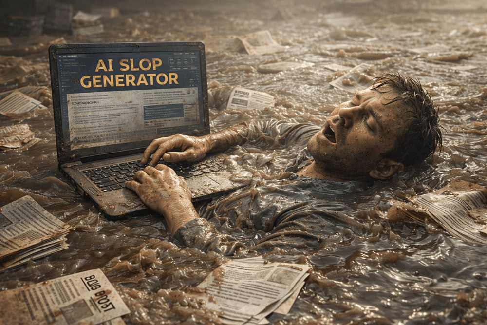 DBVaughan's tweet photo. I stopped competing with the internet and built an AI Slop Generator instead.

It writes, publishes, and shares posts on a schedule.
Agents, GitHub, workflows, secrets.

This is probably the future of content.
Agree or not? https://t.co/j1SEV1MSkG