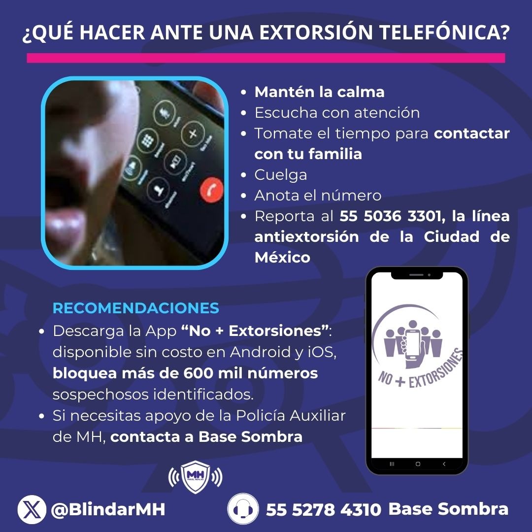 BlindarMH's tweet photo. 📞 ¡Cuidado con la extorsión telefónica!

Así operan: te llaman, te asustan, y buscan que entregues dinero o información.

⚠️ NO caigas: guarda la calma, cuelga y reporta.

En @AlcaldiaMHmx trabajamos para tu seguridad.
#BlindarMH #CSCMH https://t.co/YTFdgD86je