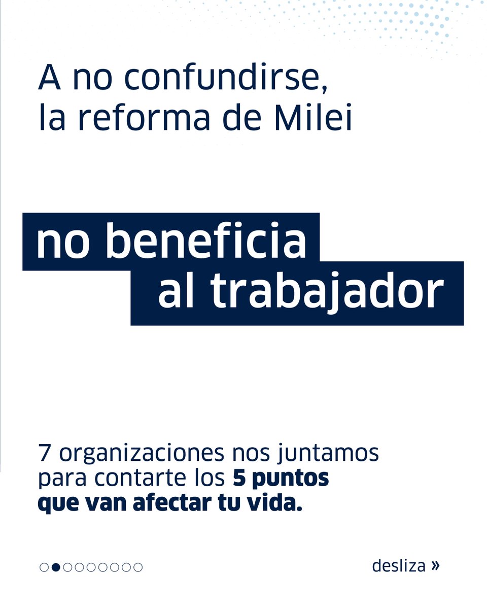La reforma laboral de Milei es #MenosLibertad y #MenosPlata: no plantea soluciones para los problemas de los trabajadores, por el contrario, los profundiza.

Te lo contamos junto a <a href="/ctroCEPA/">Centro CEPA</a> <a href="/CETyD_/">CETyD</a> <a href="/Grupo_Paternal/">Grupo_Paternal</a> <a href="/FuturosMejores/">Futuros Mejores</a> <a href="/FundacionSES/">Fundacion SES</a> y CEDAF