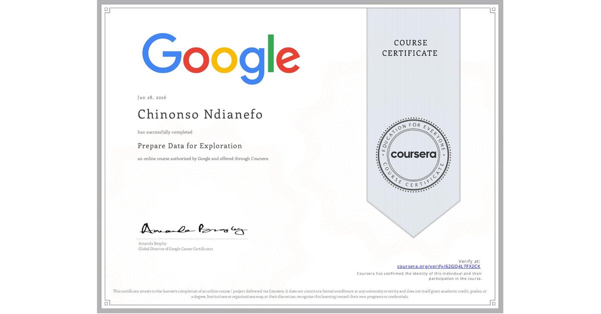 Ndianefochinon1's tweet photo. I have completed three courses in the @Google Data Analytics Professional Certificate on @coursera 🎉

From asking the right questions to preparing data for analysis — solid progress on my data journey 📊

#GoogleDataAnalytics #Coursera #DataAnalytics #Learning https://t.co/ofSbEaveZP