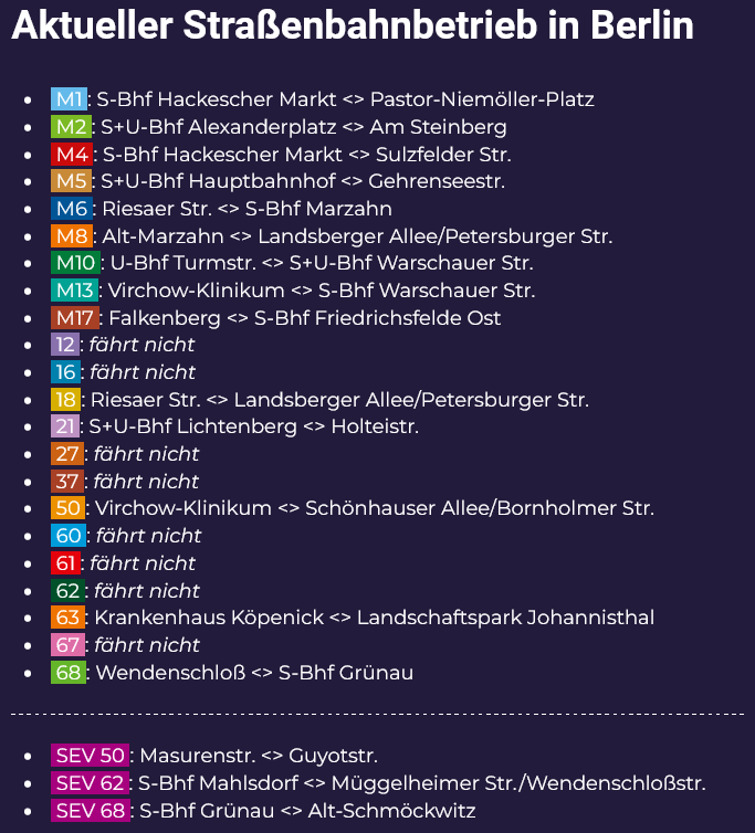 OPNV_Berlin's tweet photo. ➡️ Wir haben euch einmal die aktuelle Betriebslage im Berliner Straßenbahnnetz zusammengefasst. Bitte auch stets die Fahrplanauskunft überprüfen.
💡 Fehler oder Unstimmigkeiten gerne in die Kommentare.
Wir wünschen eine gute Fahrt #LinieLive #Berlin #Straßenbahn #Tram #BVG https://t.co/0sYtHOFvcu