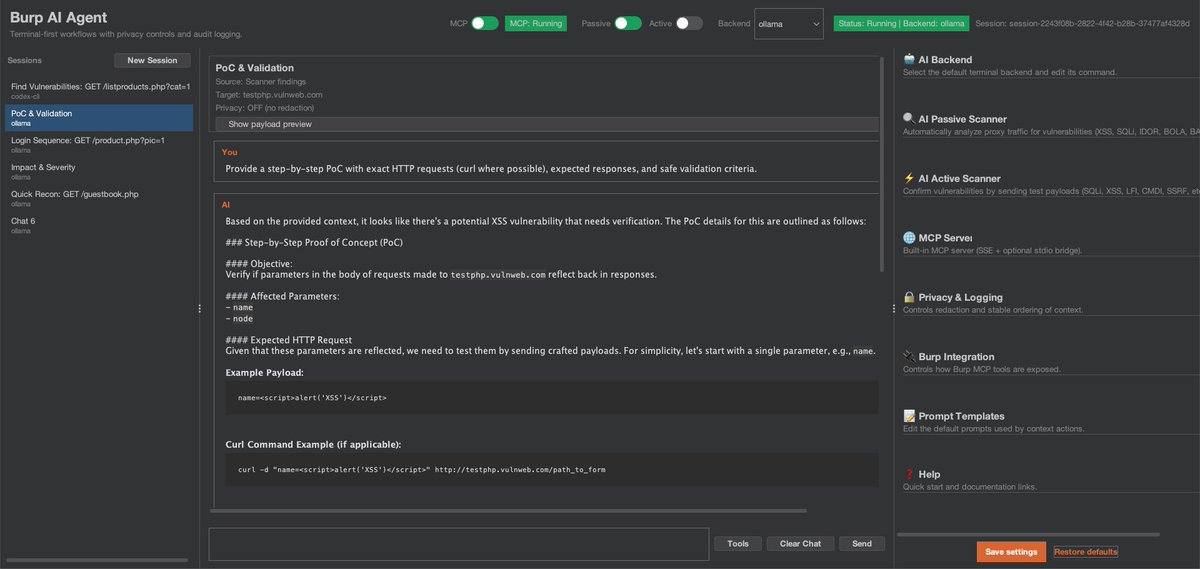 Six2dez1's tweet image. Burp AI Agent is now public

MCP-powered AI agent (and server) living inside Burp. Instead of a chat next to it, extends itself: tools, actions, live traffic and findings. AIO to reduce context switching while testing

Repo: github.com/six2dez/burp-a…
Docs: burp-ai-agent.six2dez.com
