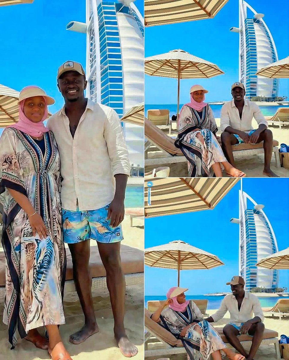 OfficialMafumu's tweet photo. Sadio Mané with his wife in front of the Burj Arab in Dubai, after winning the Africa Cup of Nations 🏆 https://t.co/Vhju6ED69k